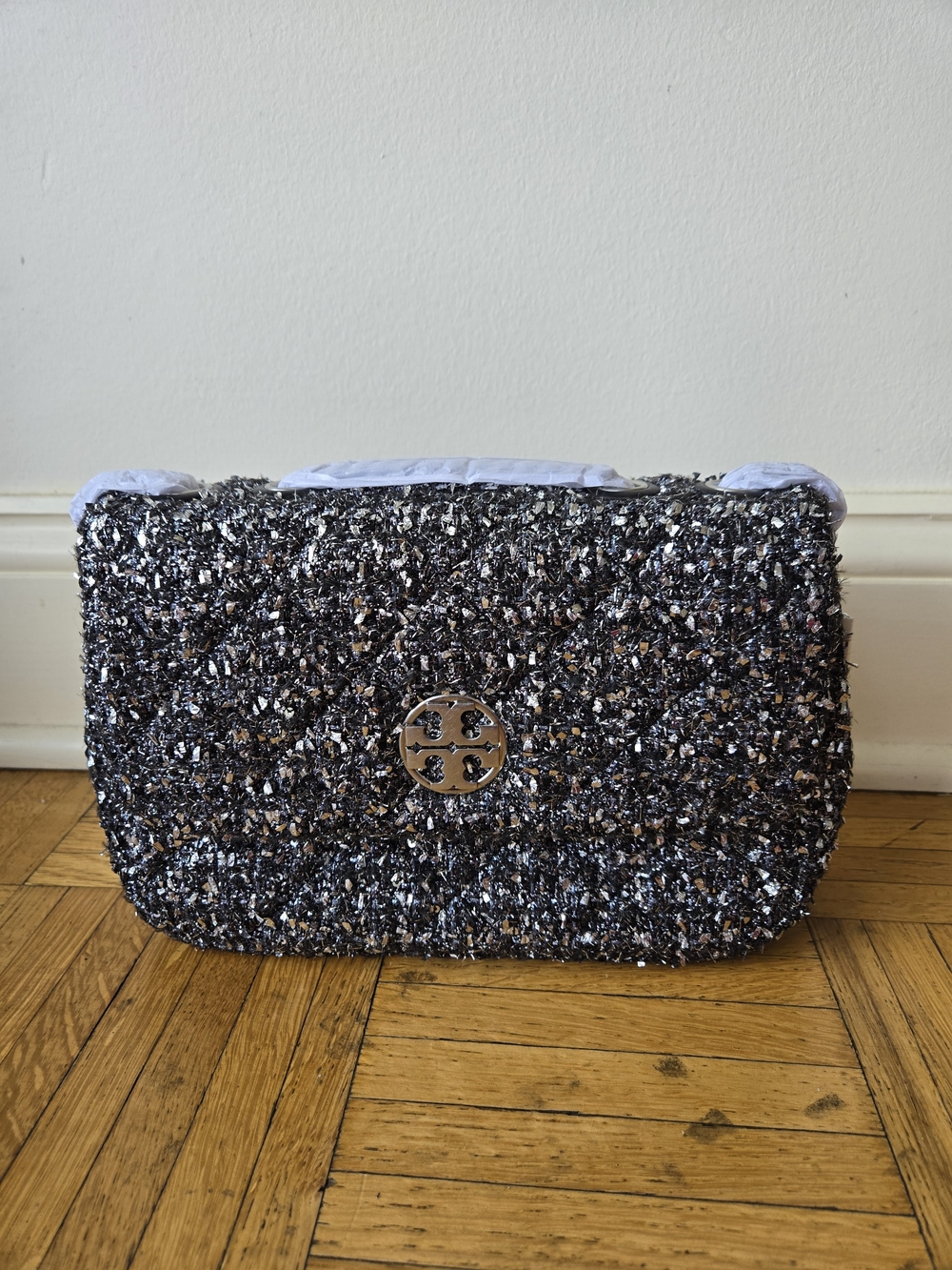 Brand New Tory Burch Black Sparkle Tweed  Willa Shoulder Bag